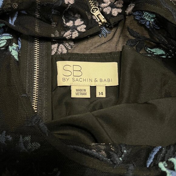 SB Sachin + Babi Long Sleeve Floral Embroidered Black Blue Dress Size 14 - Picture 7 of 9
